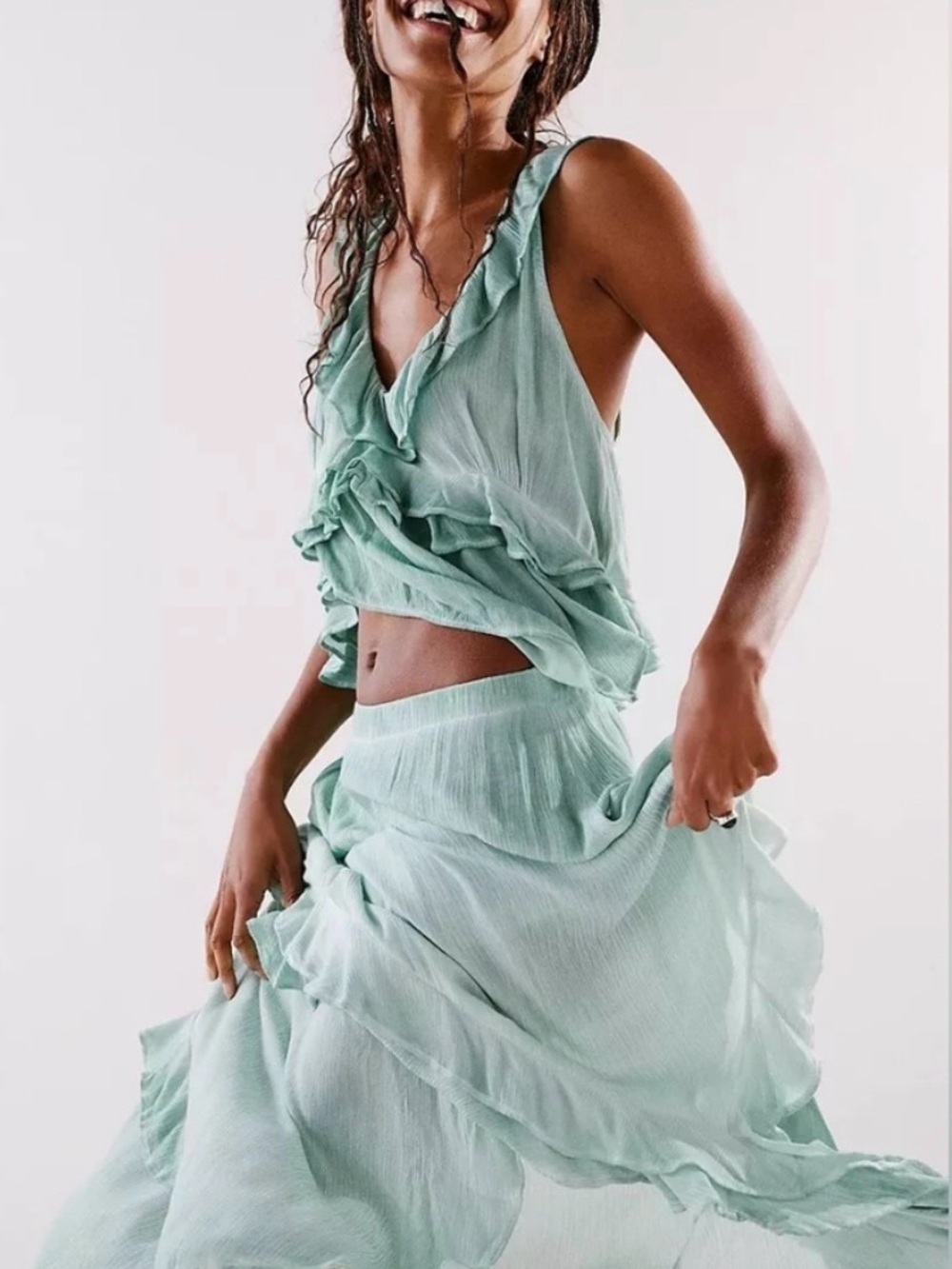 Free People If Only Skirt Set In Harbor Mint Rayon Gauze Asymmetrical Ruffle - Picture 5 of 6